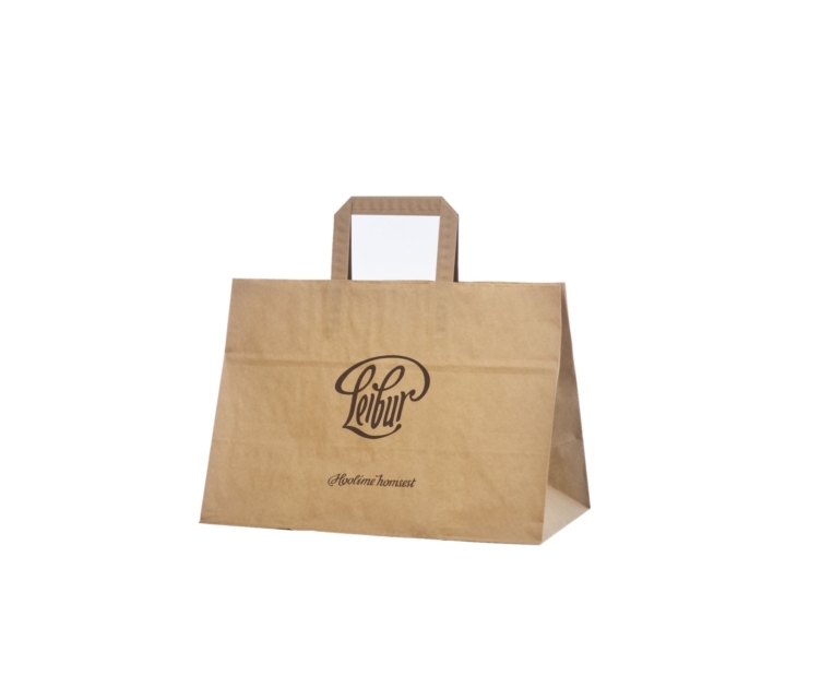 Pruun logoprindiga take away paberkott mõõtudega 35x17x24,5 cm